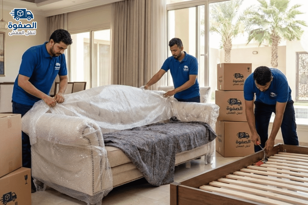 سيارات مجهزة وعمالة محترفة من شركة نقل عفش بالبدايع أثناء تغليف الأثاث المنزلي