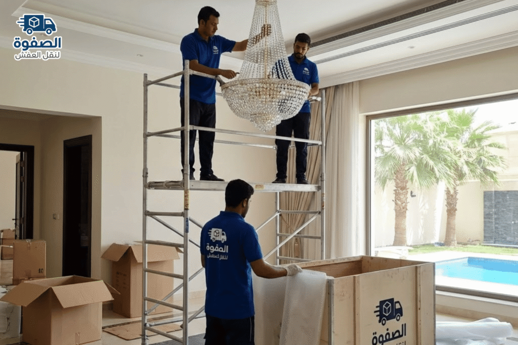 سيارات مجهزة وعمالة محترفة من شركة نقل عفش بالبدايع أثناء تغليف الأثاث المنزلي